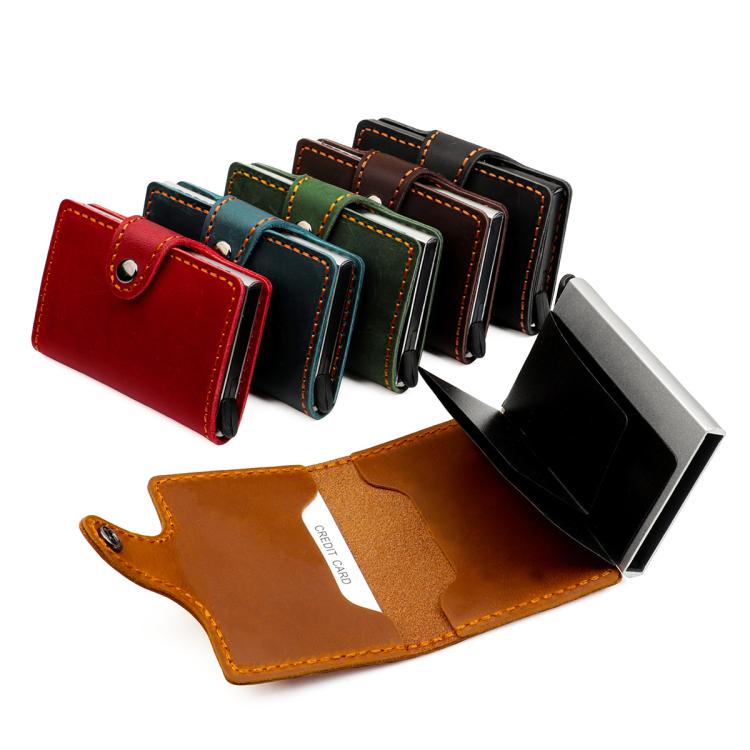 Crazy Horse Genuine Leather Auto Pop-up Aluminum Box RFID Anti-magnetic Card Holder