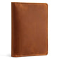 Brown genuine leather passport card holder wallet with contrast stitched border, front view.