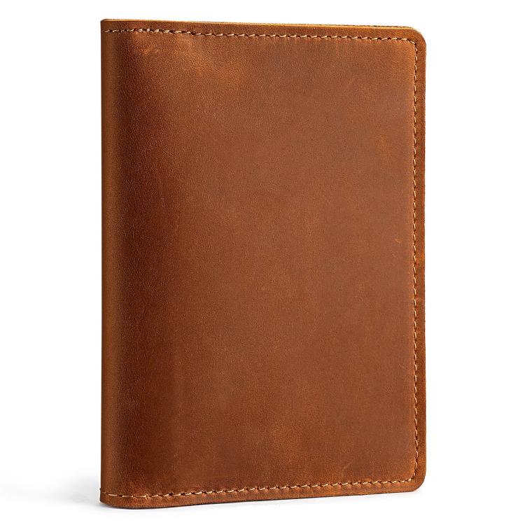 Brown genuine leather passport card holder wallet with contrast stitched border, front view.