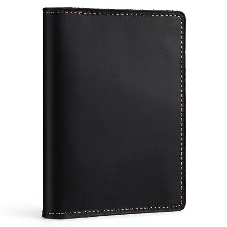 Black genuine leather passport card holder wallet with contrast stitched border, front view.
