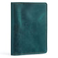 Teal genuine leather passport card holder wallet with contrast stitched border, front view.
