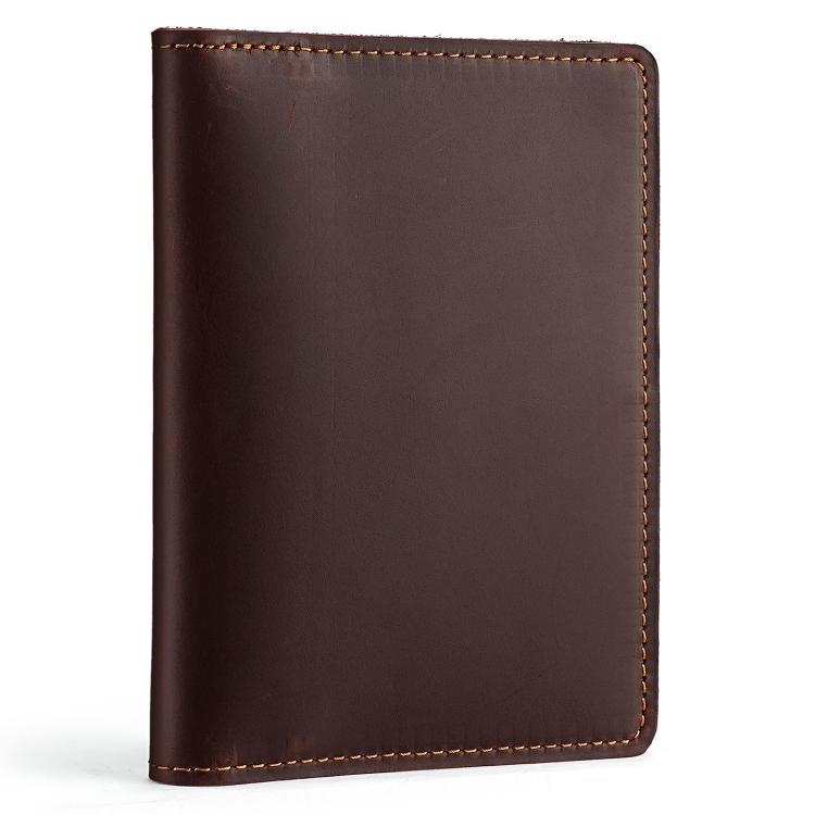 Dark coffee genuine leather passport card holder wallet with contrast stitched border, front view.