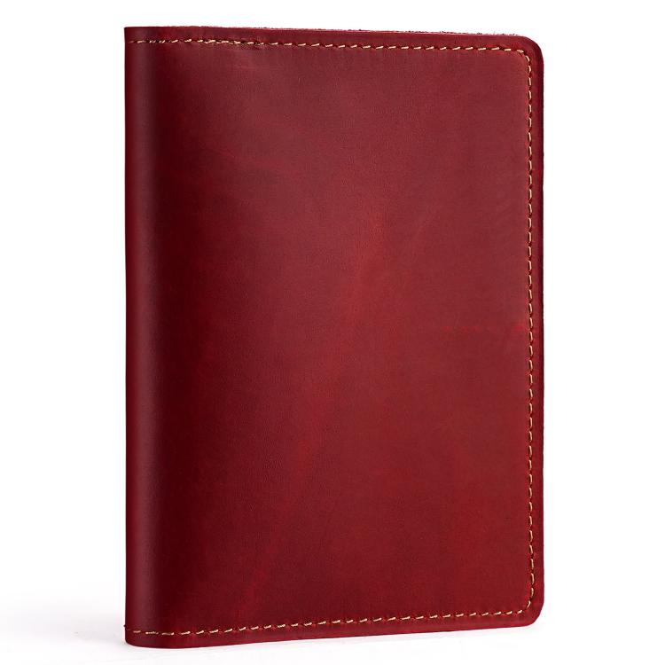 Red genuine leather passport card holder wallet with contrast stitched border, front view.