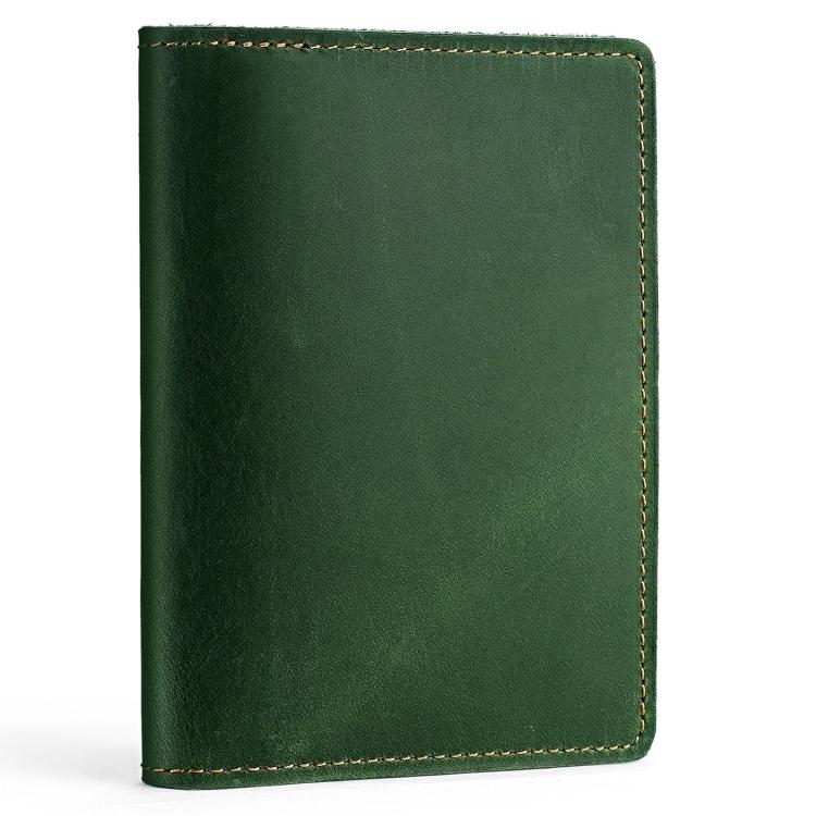 Green genuine leather passport card holder wallet with contrast stitched border, front view.