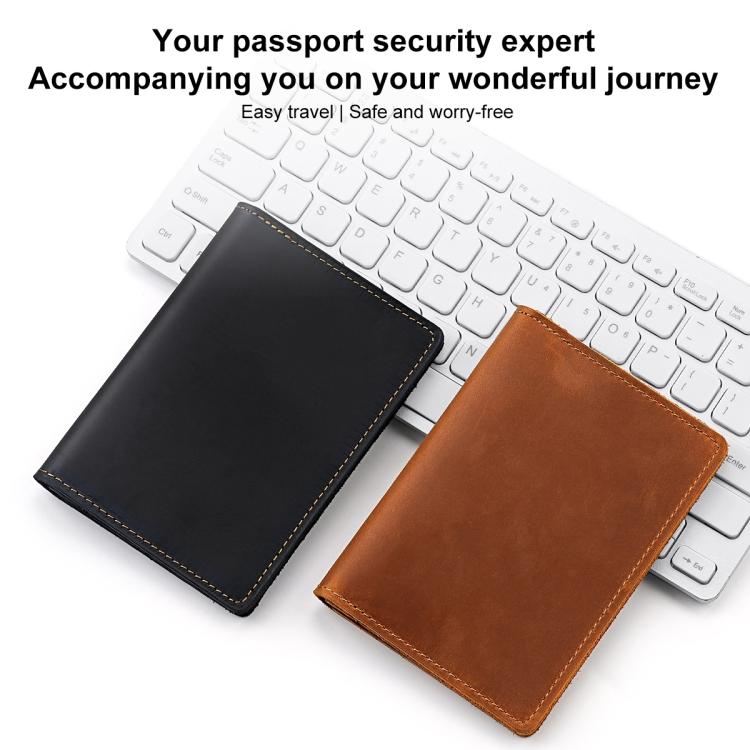 Two genuine leather passport card holders with contrast stitching, black and brown.