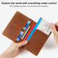 Brown genuine leather passport holder wallet with multiple card slots, open view.