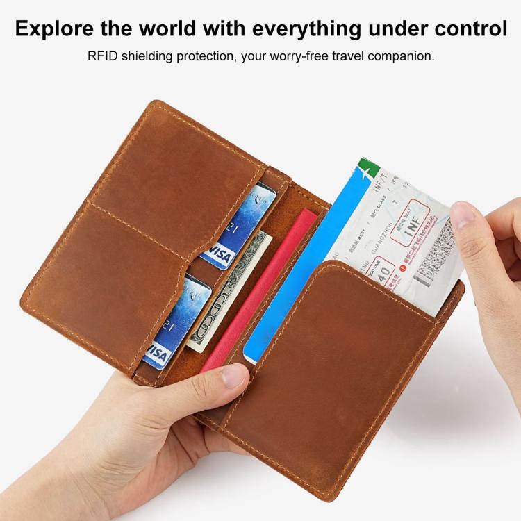 Brown genuine leather passport holder wallet with multiple card slots, open view.