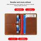 Open brown leather passport holder wallet showing card, passport, and ticket compartments.