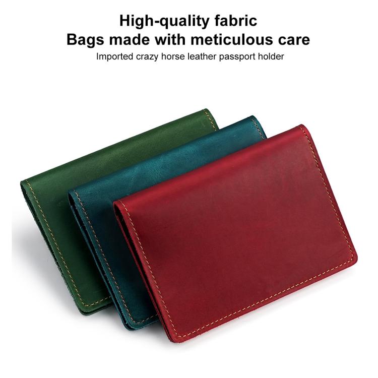 Leather passport holder wallet in green, blue, and red with contrast stitching.