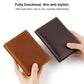 Two leather passport holder wallets in tan and dark brown, stitched corners.