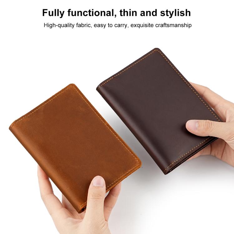 Two leather passport holder wallets in tan and dark brown, stitched corners.