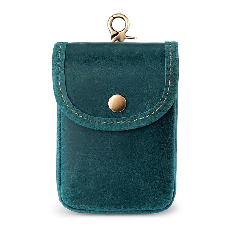 Men's teal leather small pouch with snap flap and metal keyring
