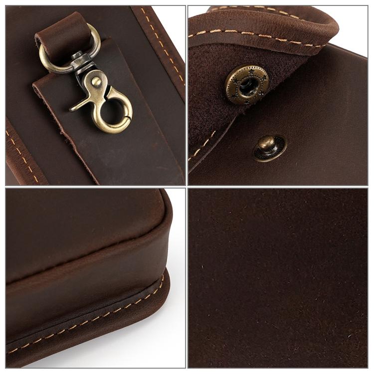 Dark brown leather pouch detail: metal clasp, stitching, and snap button
