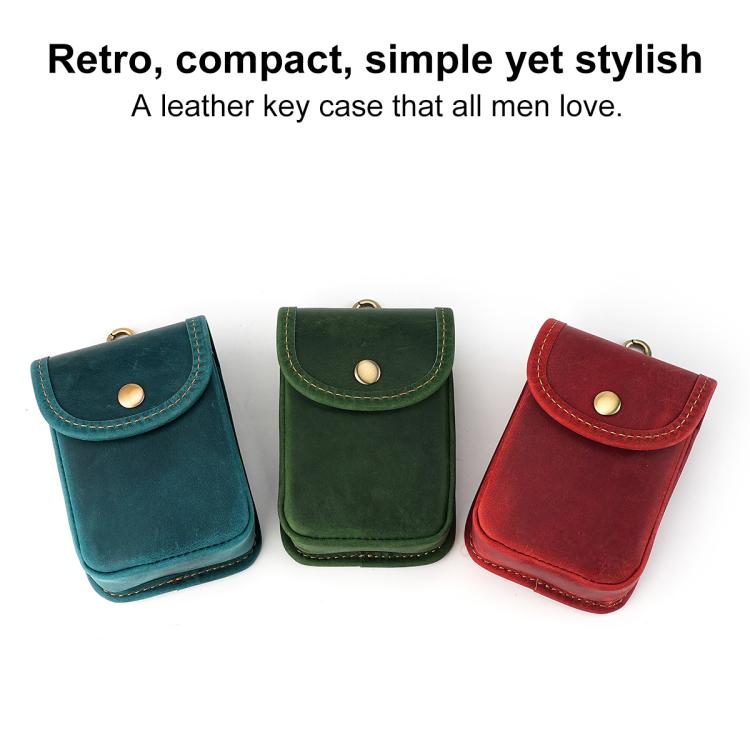 Leather key pouches with snap flap and metal ring, blue, green, and red