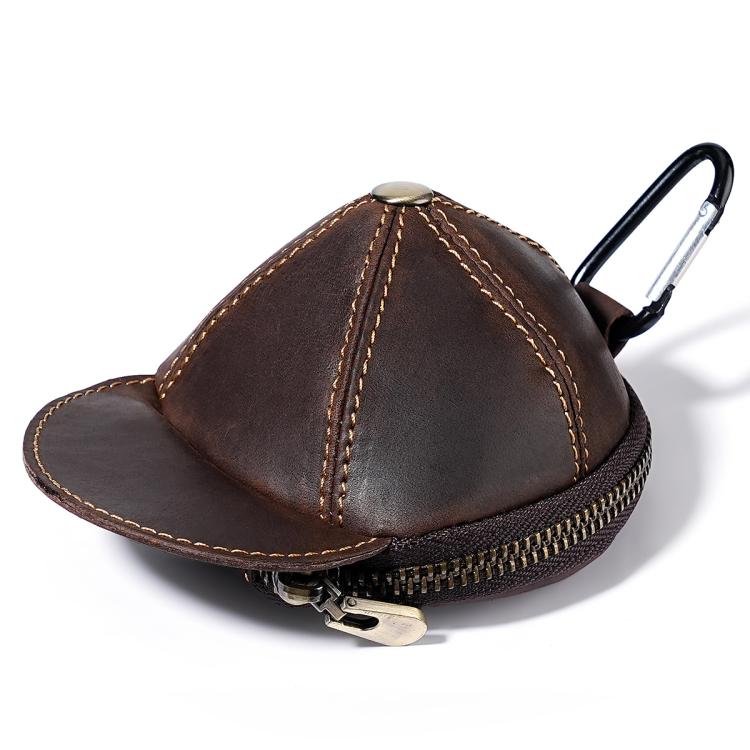 Brown hat-shaped leather coin purse with full zipper and metal key clip