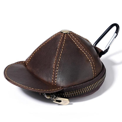 Brown hat-shaped leather coin purse with full zipper and metal key clip