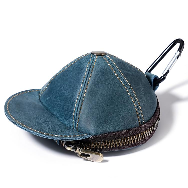 Blue hat-shaped leather coin purse with full zipper and metal key clip