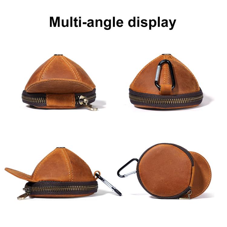 Set of brown hat-shaped leather coin purses with zippers and key clips