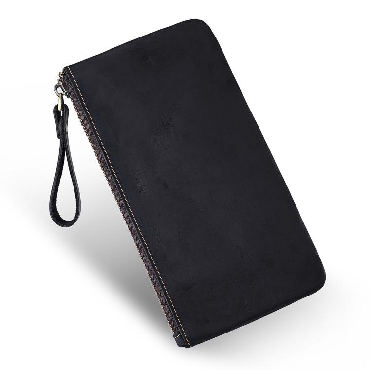 Black leather large clutch wallet with wrist strap and top metal zipper