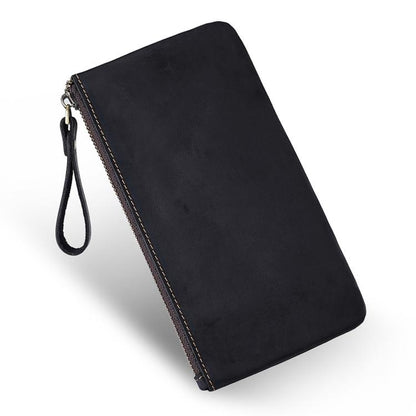 Black leather large clutch wallet with wrist strap and top metal zipper
