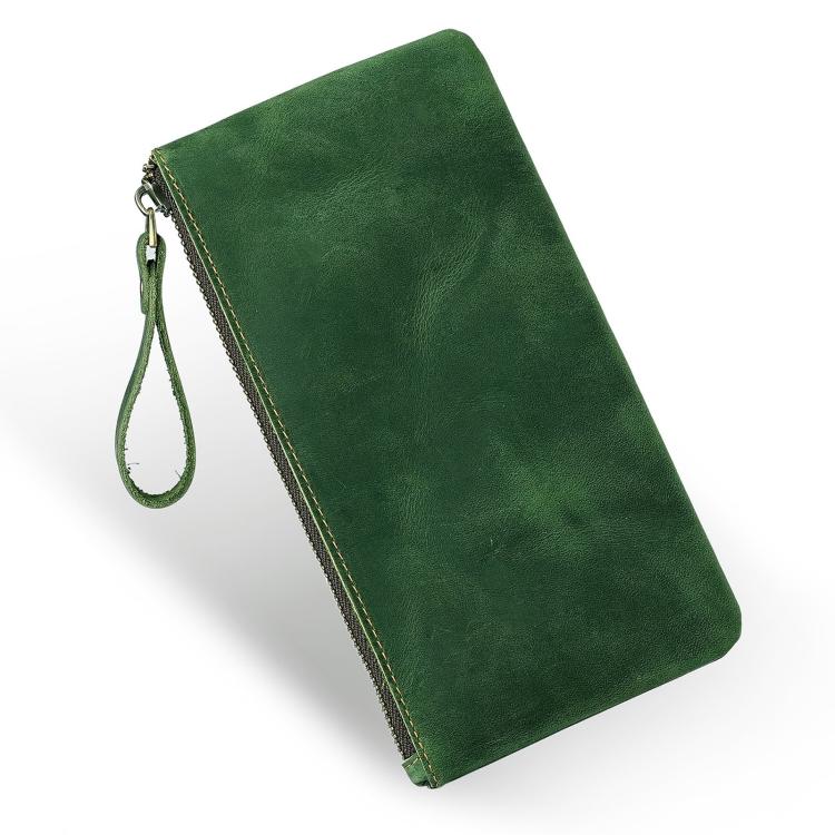 Green leather large clutch wallet with wrist strap and top metal zipper