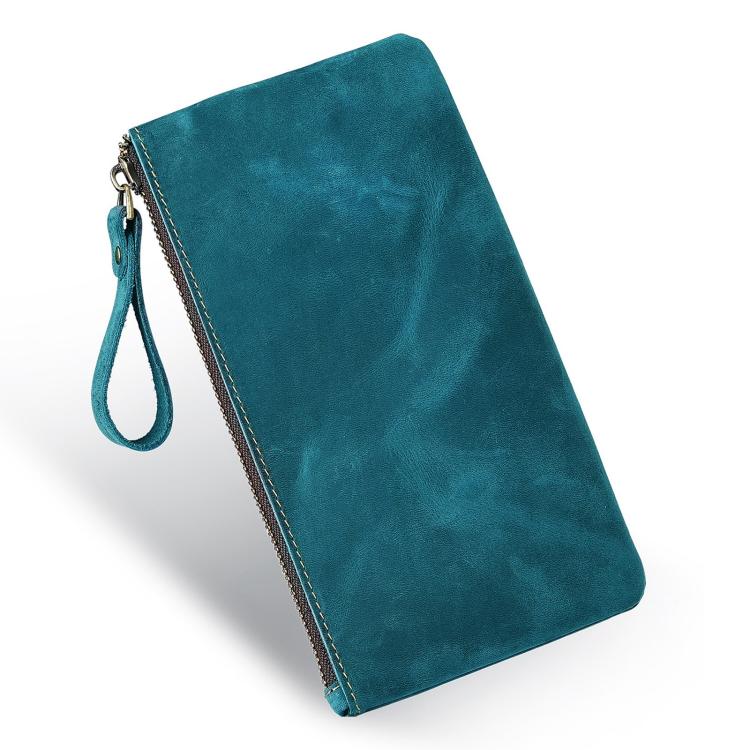 Teal leather large clutch wallet with wrist strap and top metal zipper