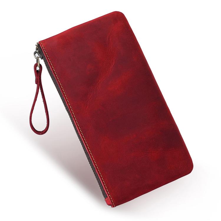 Red leather large clutch wallet with wrist strap and top metal zipper