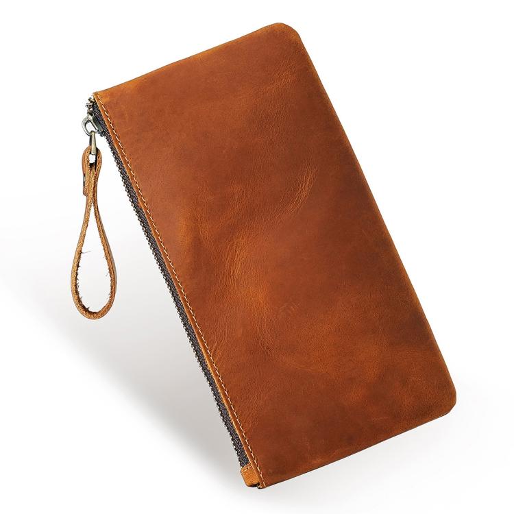 Brown leather large clutch wallet with wrist strap and top metal zipper