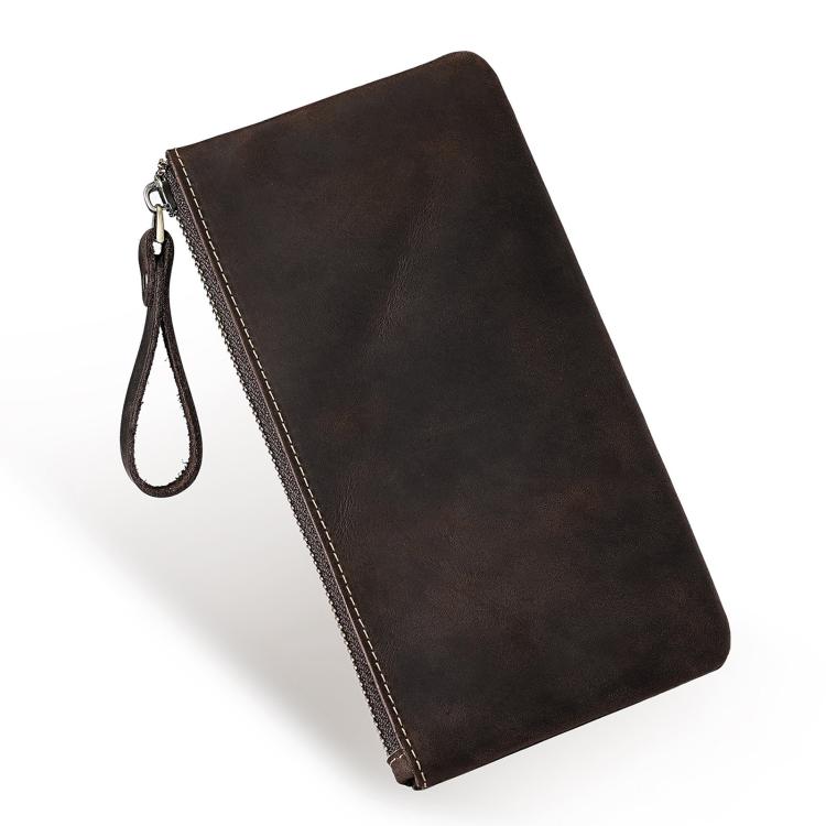 Dark brown leather large clutch wallet with wrist strap and top metal zipper