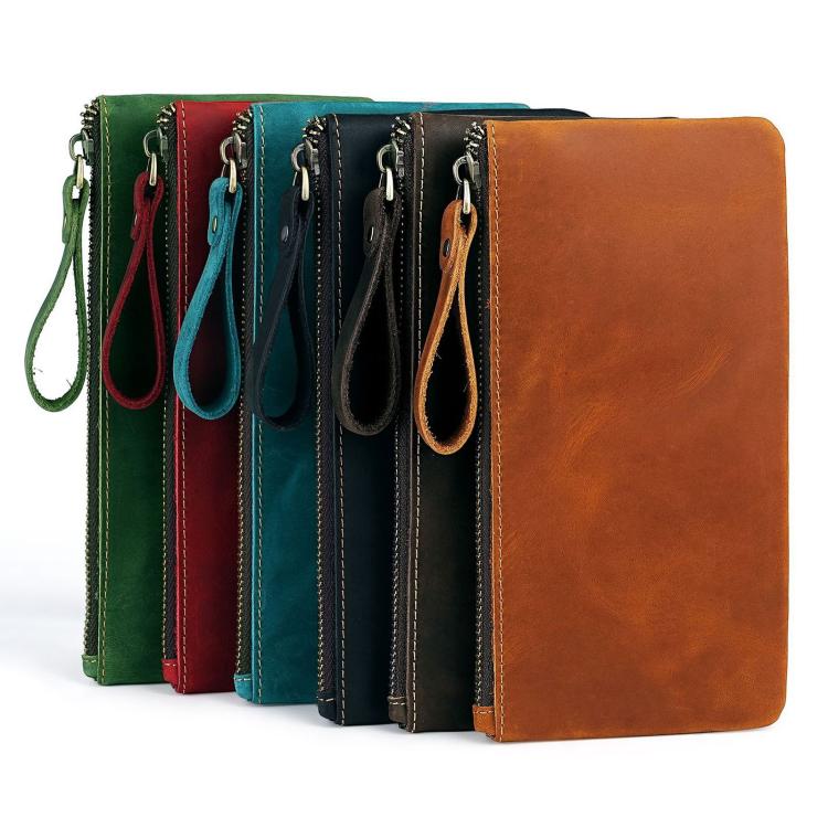 Assorted-color leather clutch wallets with wrist straps and top metal zippers