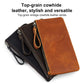 Set of leather phone organizer clutches with wrist straps, black and tan