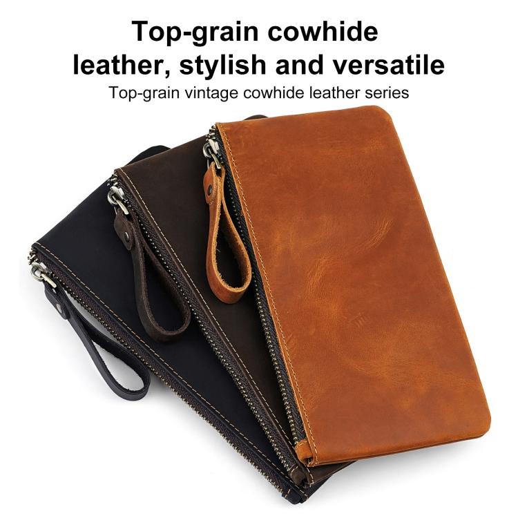 Set of leather phone organizer clutches with wrist straps, black and tan