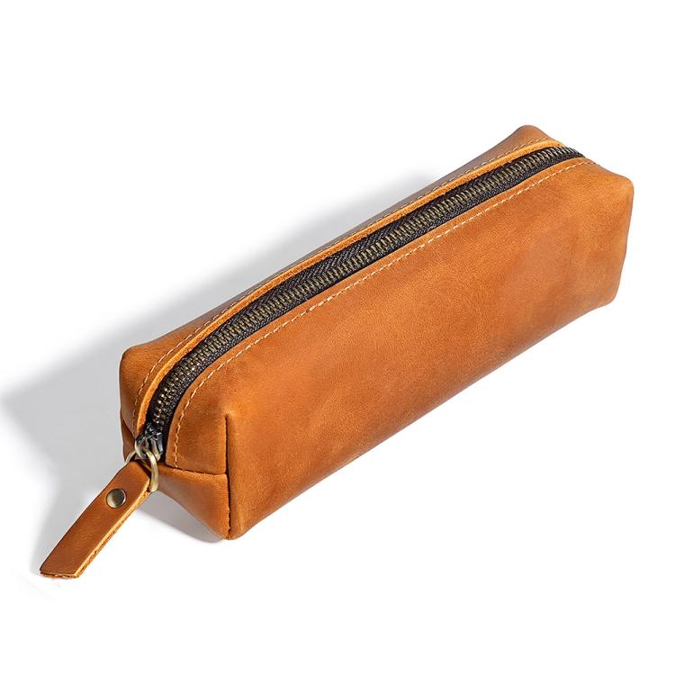 Brown leather pencil case with zipper and attached leather pull tab