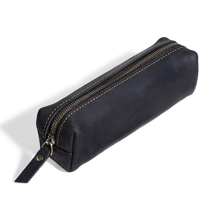 Black leather pencil case with zipper and attached leather pull tab