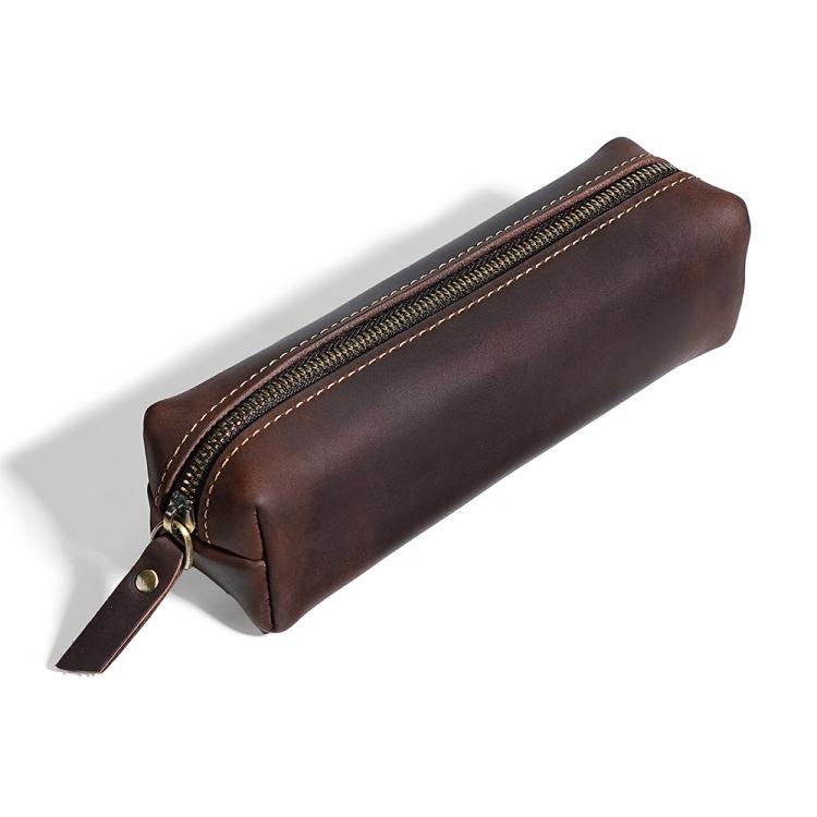 Dark brown leather pencil case with zipper and attached leather pull tab