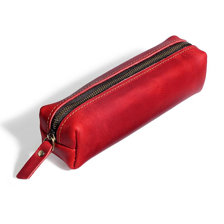 Red leather pencil case with zipper and attached leather pull tab
