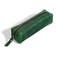 Green leather pencil case with zipper and attached leather pull tab