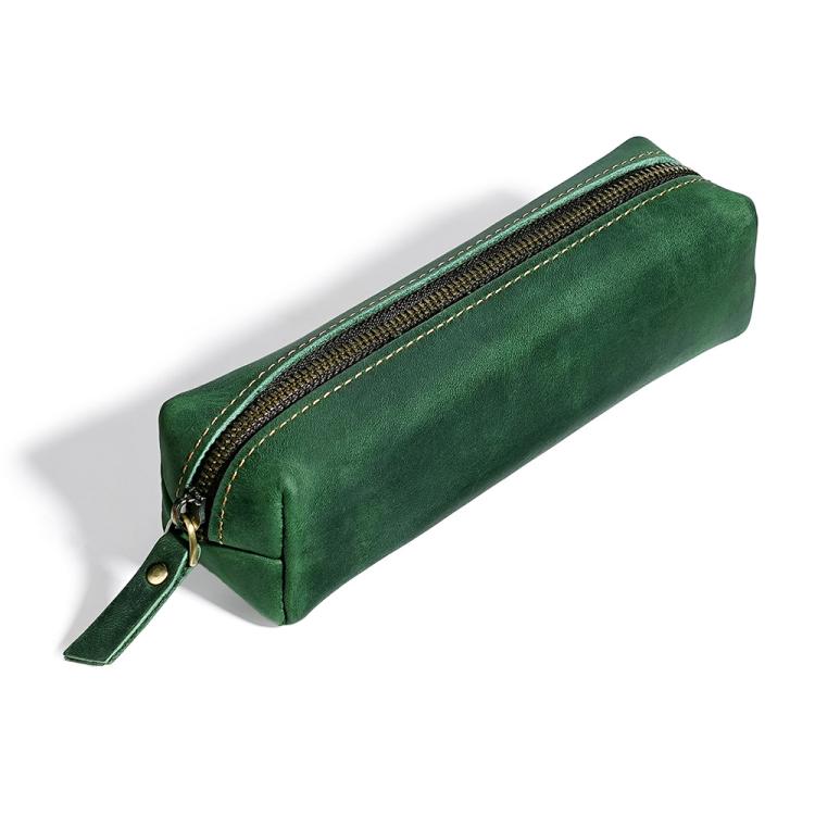 Green leather pencil case with zipper and attached leather pull tab