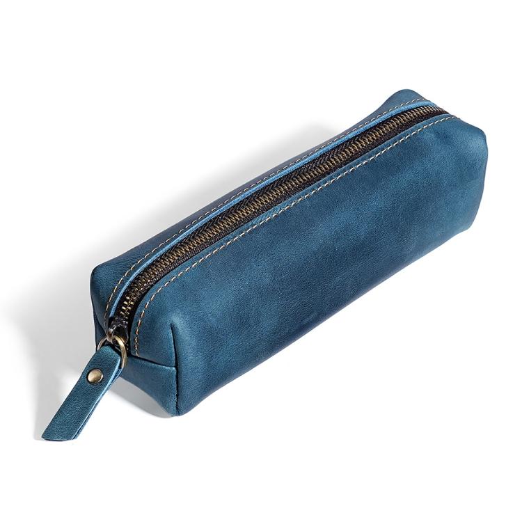 Blue leather pencil case with zipper and attached leather pull tab