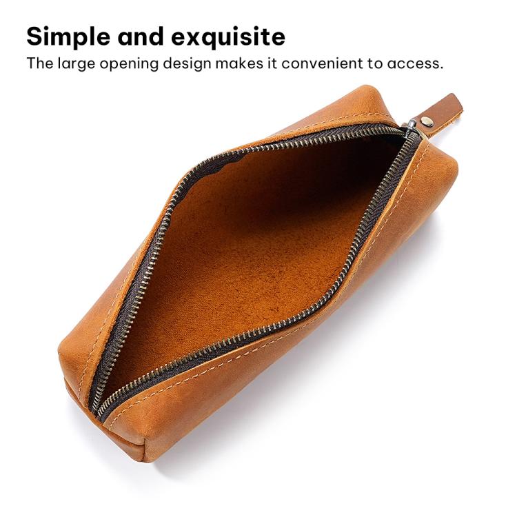 Brown leather pencil case with open zipper pocket and leather pull tab