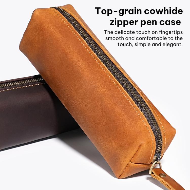 Brown leather zippered pencil case with metal zipper and stitched edges, angled view