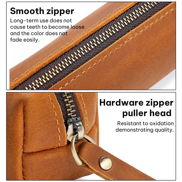 Brown leather pencil case detail: black zipper track and pull tab on front