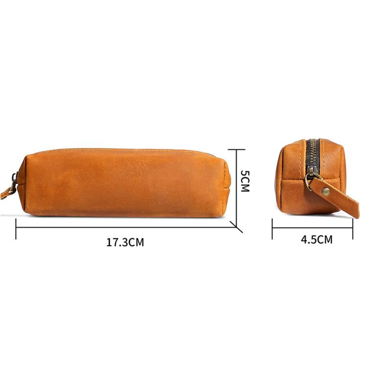 Brown leather zippered pencil case, compact rectangular shape with side zipper pull