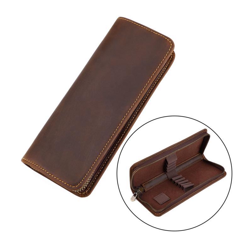 Vintage Genuine Leather Square Zipper Pen Pouch Pencil Case