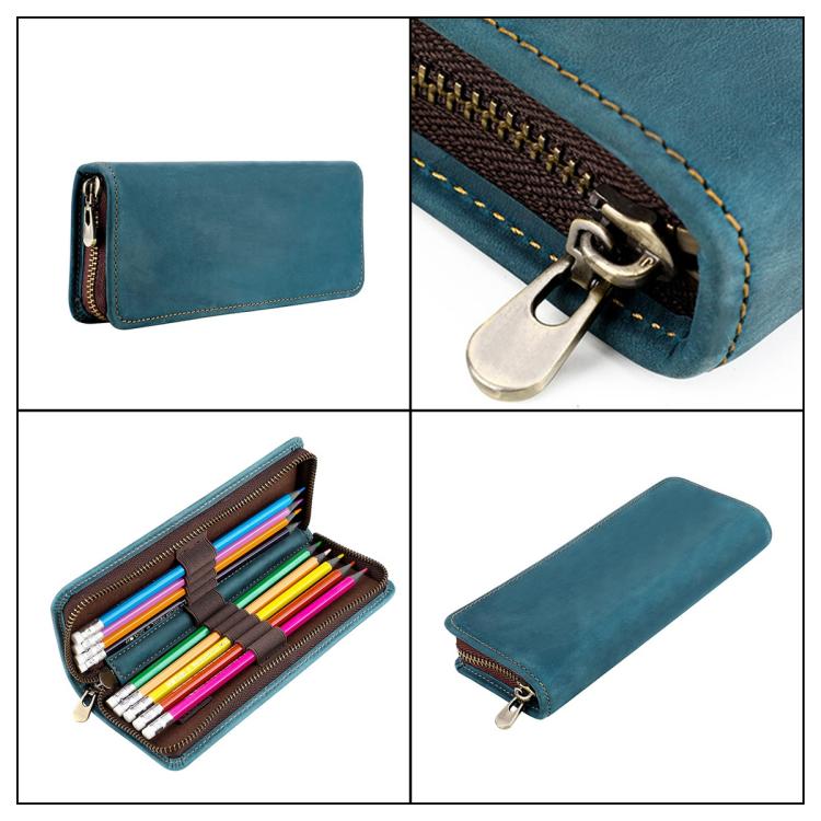 Vintage Genuine Leather Square Zipper Pen Pouch Pencil Case