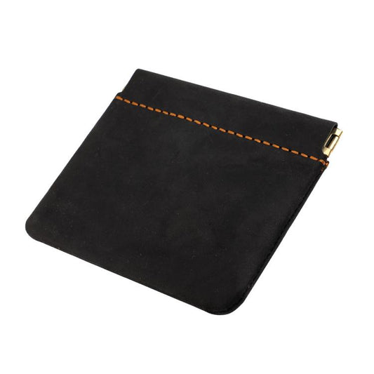 Black leather coin purse with top zipper and contrast orange stitch trim