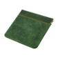 Green leather coin purse with top zipper and contrast orange stitch trim