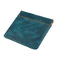 Blue leather coin purse with top zipper and contrast orange stitch trim