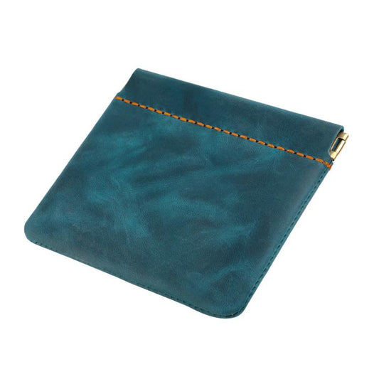 Blue leather coin purse with top zipper and contrast orange stitch trim