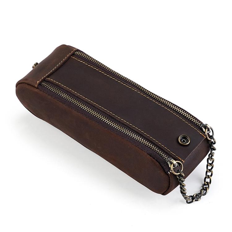 Dark brown genuine leather pen pouch with double zippers and chain strap